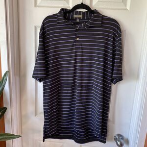 Peter Millar Polo Shirt Mens Large Summer Comfort Corwin Cup Patch Purple Stripe